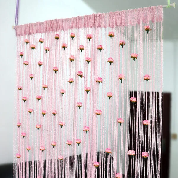 Pink । Elegant Curtain  with Rose Flower & Thread Shiny Tassel (20 Rose) । CN-27